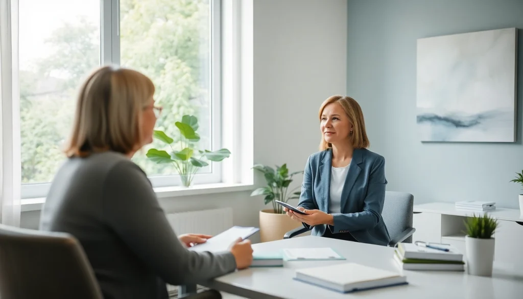 Psychiatrist engaging with a patient in a tranquil office environment, fostering a supportive dialogue.