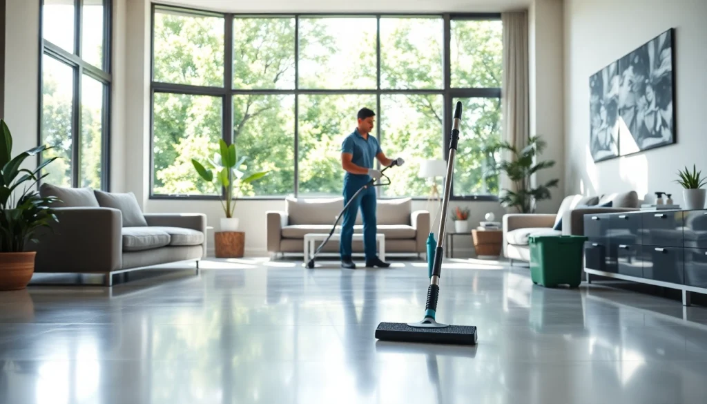 Bond cleaning Brisbane showcasing a cleaner at work in a spacious apartment.