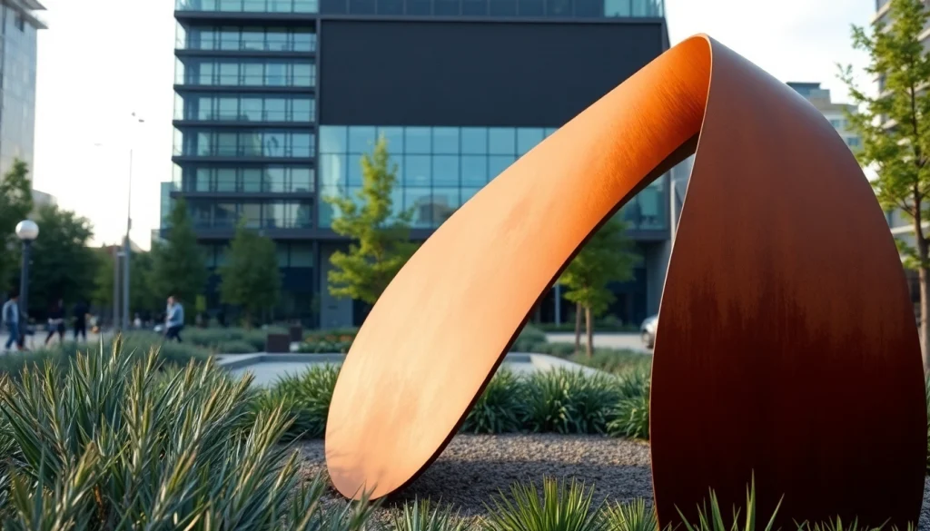 Acier corten sculpture rustique dans un parc moderne, soulignant son design et sa texture.