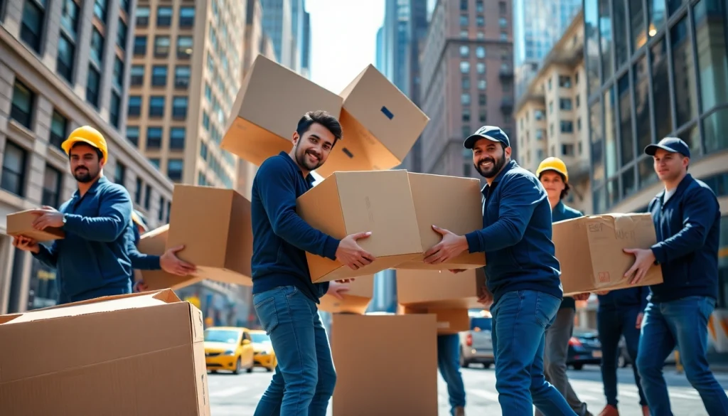NYC movers efficiently carrying boxes in New York City, showcasing teamwork and productivity.