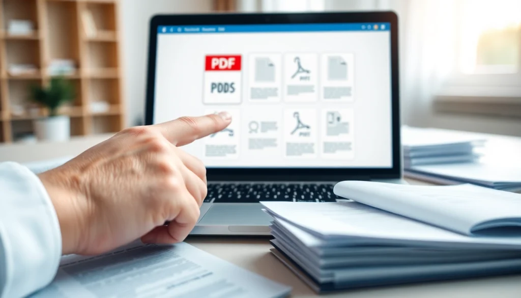 Join PDF files effortlessly with our tool, showcased on a laptop in a professional setting.