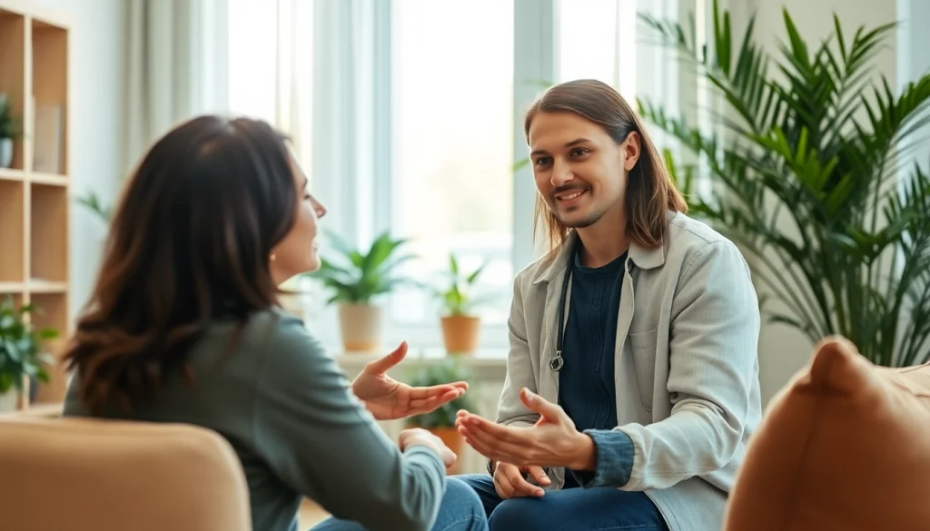 Engaging therapist discussing dealing with stress in a tranquil office setting with natural light.