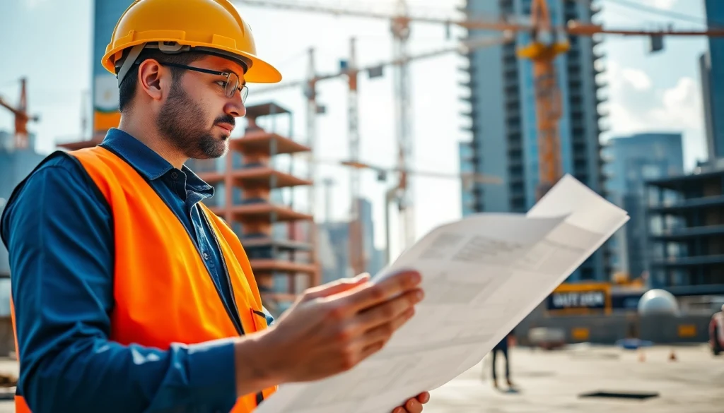 New York City Construction Manager analyzing blueprints at a bustling construction site
