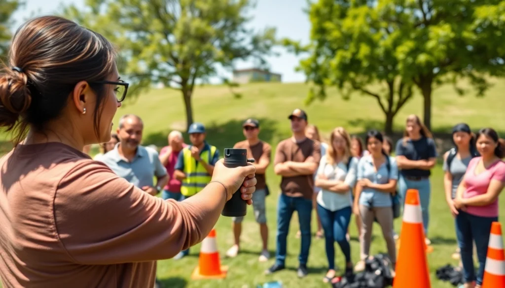 Participants in Pepper Spray Training practice techniques during an engaging outdoor session.