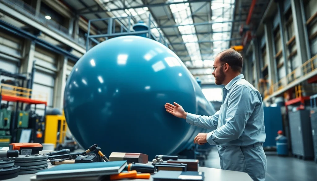 Engineer assessing coating corrosion protection on an industrial tank in a manufacturing facility.