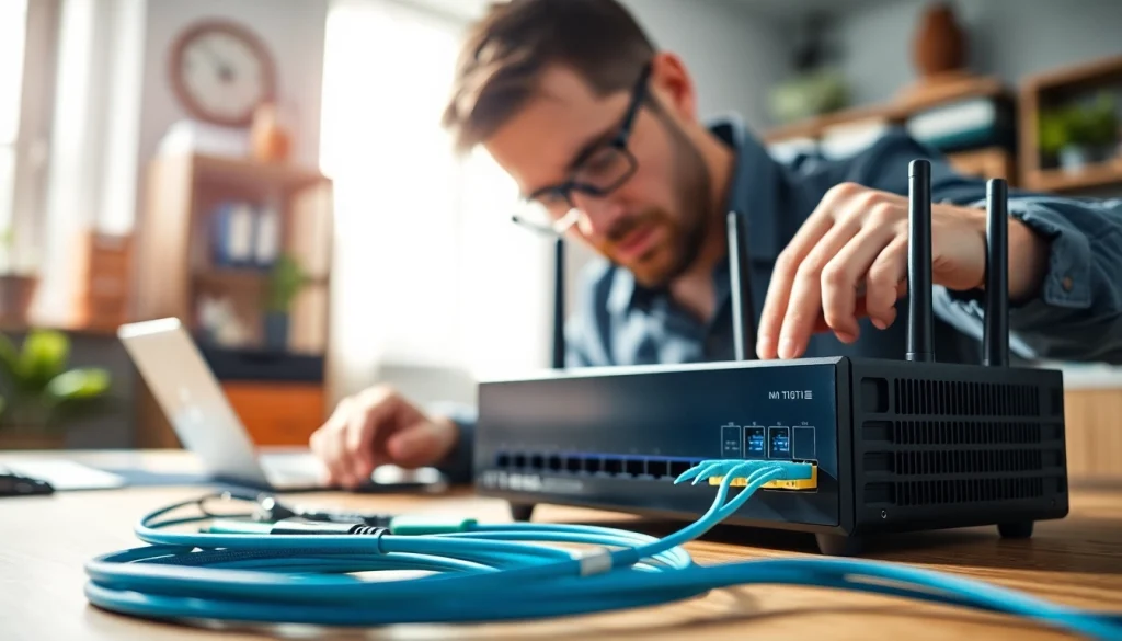 Showcasing the installation of sonic internet in a modern workspace, emphasizing speed and reliability.