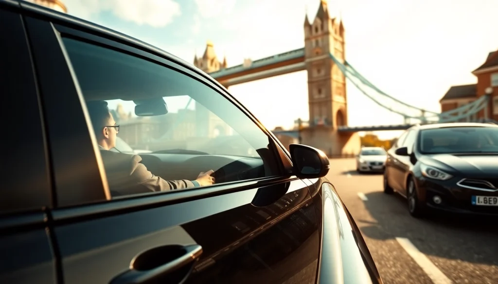 Experience luxurious service with a london chauffeur in a sleek black car navigating London's historic roads.