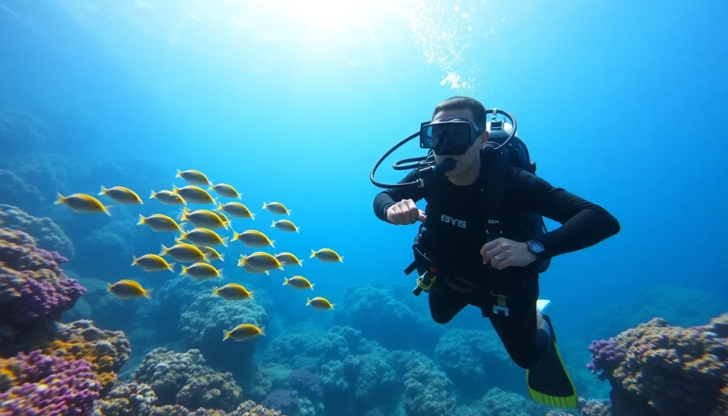 Scuba diver diving amidst vibrant coral reefs, showcasing underwater life and active marine fauna.