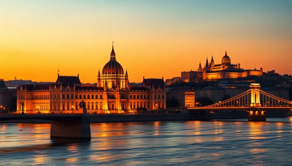 Stunning sunset view of Budapest showcasing the Parliament Building and Chain Bridge.