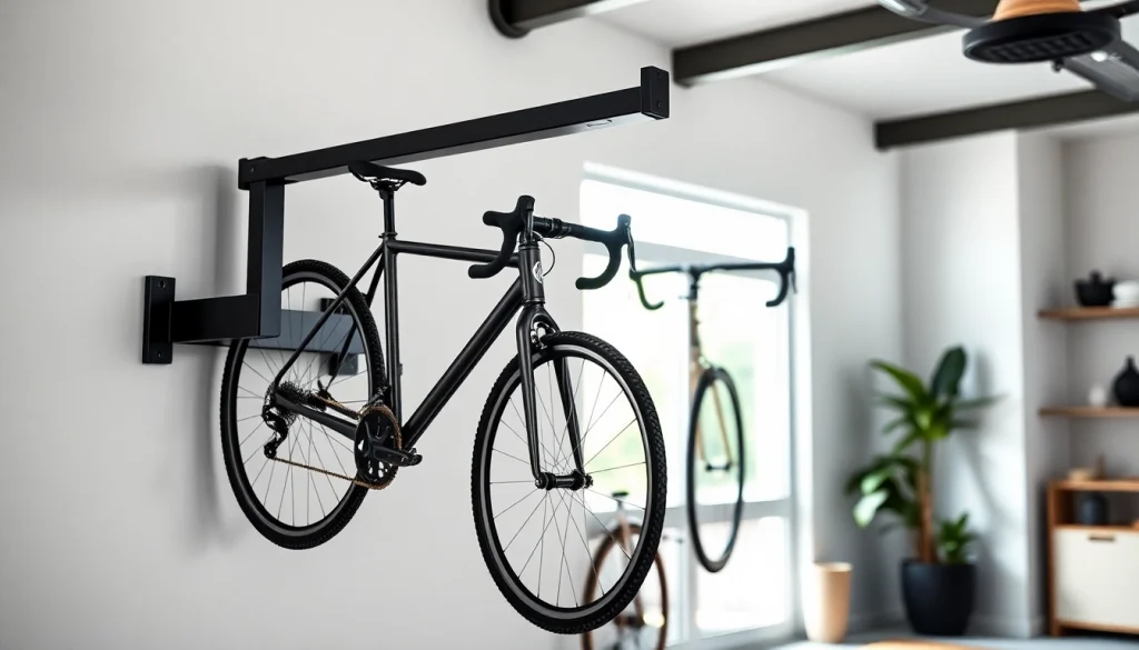 Install a functional Bike wall rack to efficiently hang and showcase bicycles in a modern garage.