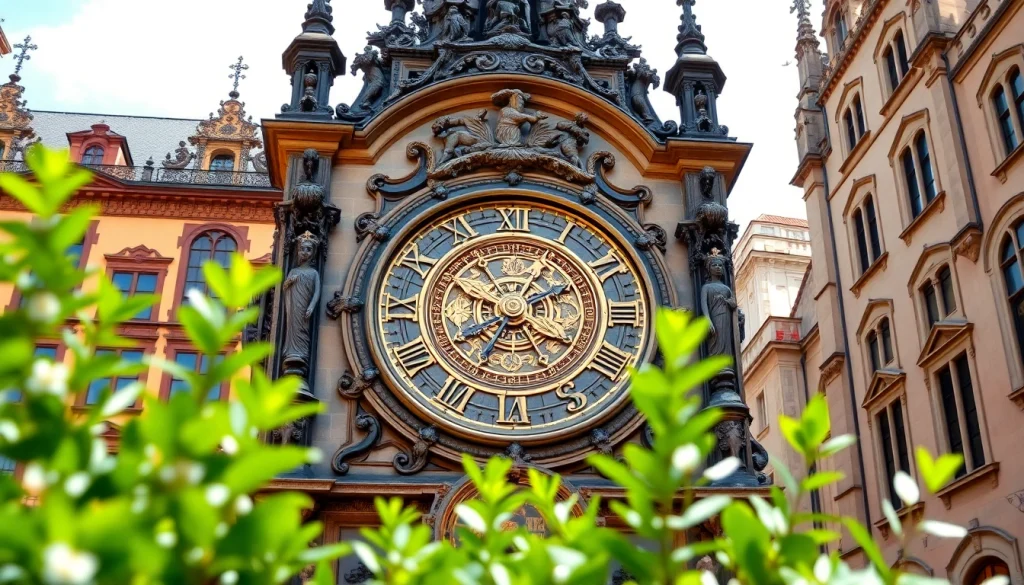 Astronomical Clock Prague displays its intricate design surrounded by Gothic architecture.