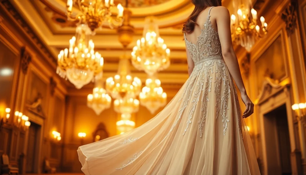 Model in elegant evening dress showcasing glamorous design and details for special occasions.