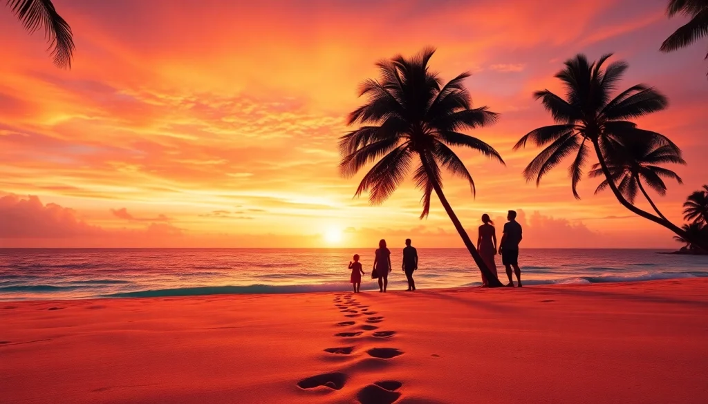 Families create memories during their vacation at a tropical beach during sunset.