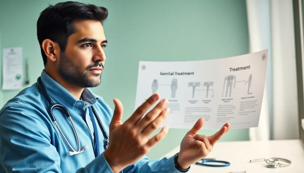 Discussing genital warts removal with a healthcare professional in a clinical environment.