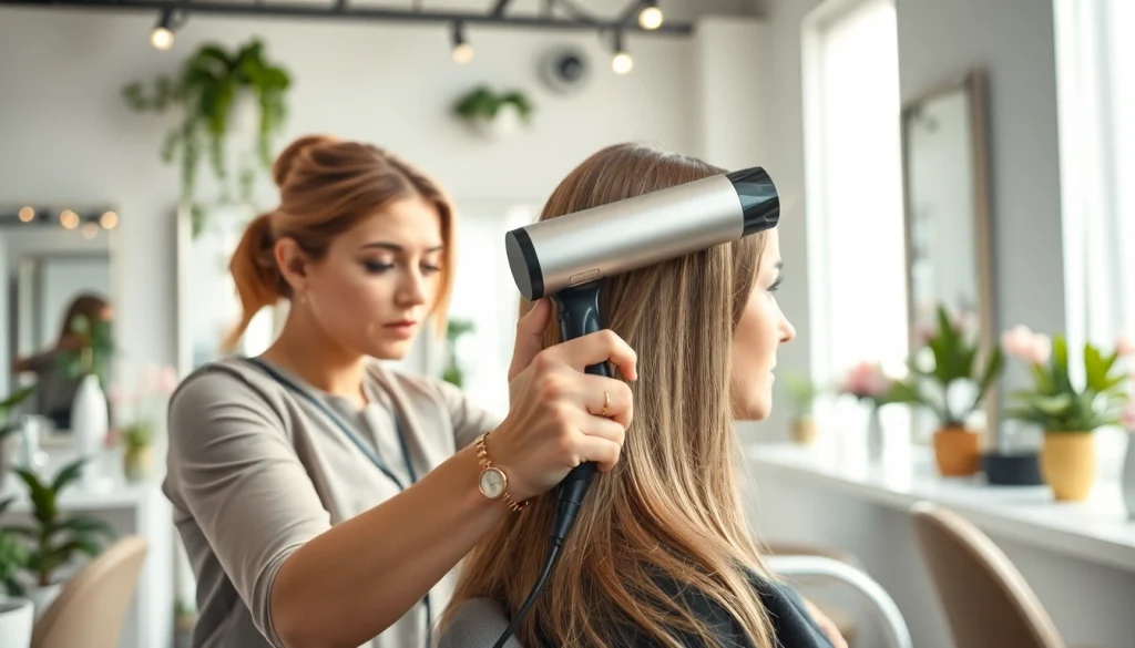 Stylist using the best hair dryer to create a sleek hairstyle in a professional salon setting.