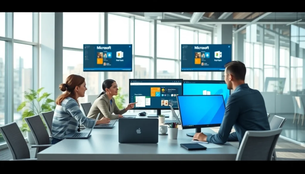 Microsoft-Software wird in einem modernen Büro von einem Team genutzt.