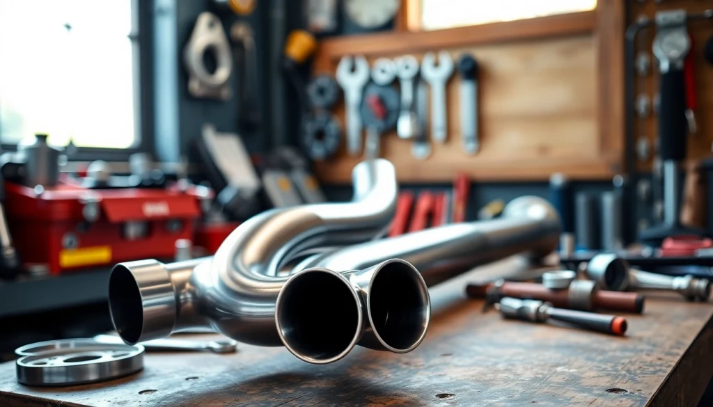 Inspecting a high-quality Downpipe component on a workbench surrounded by automotive tools.