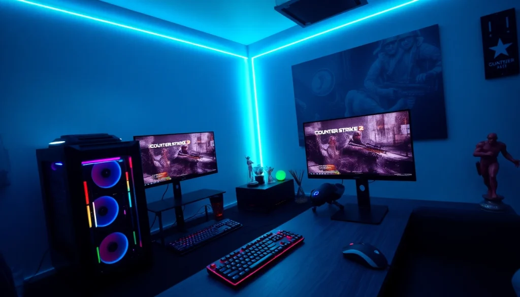 MemeSense CS2 gaming setup with dual monitors and RGB lighting showcasing dynamic gameplay.