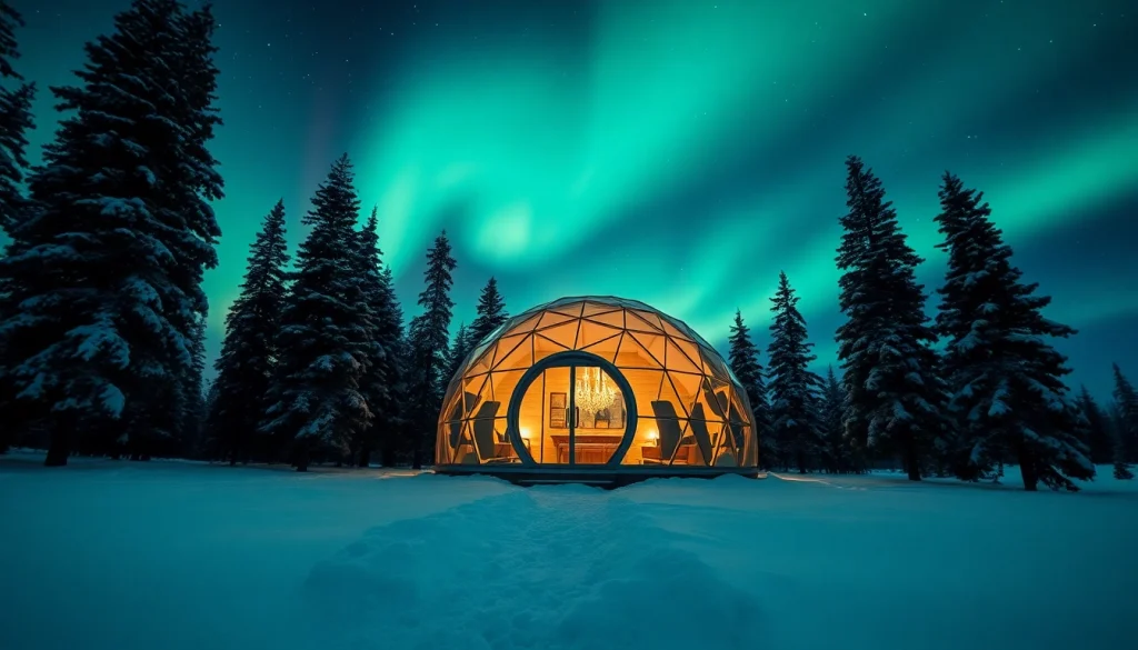 Experience the Igloo resort lapland with a luxurious glass igloo glowing under the Northern Lights.