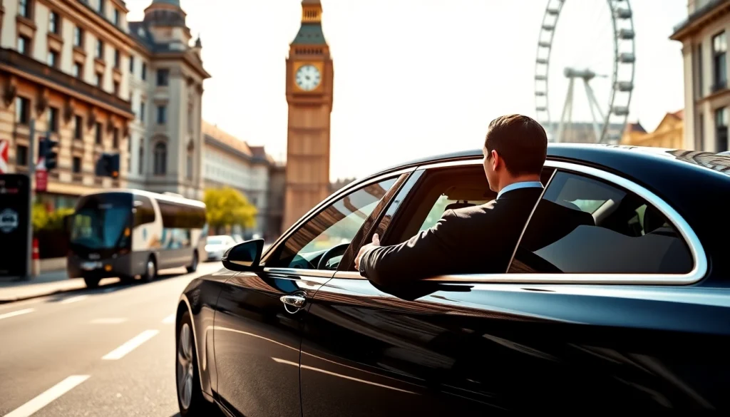 Experience premium chauffeur service london with an elegant driver in a luxurious black car on the iconic streets of London.