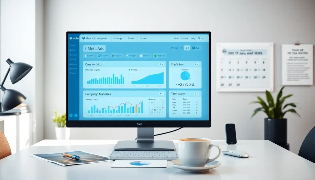 Analyze Meta Ads performance metrics in a modern marketing workspace with sleek tools.