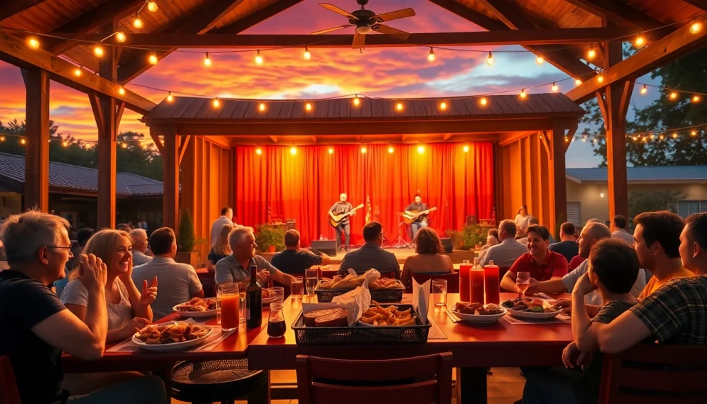 Experience the vibrant atmosphere of Firelight Barn Dinner Theater with families enjoying BBQ and live music.