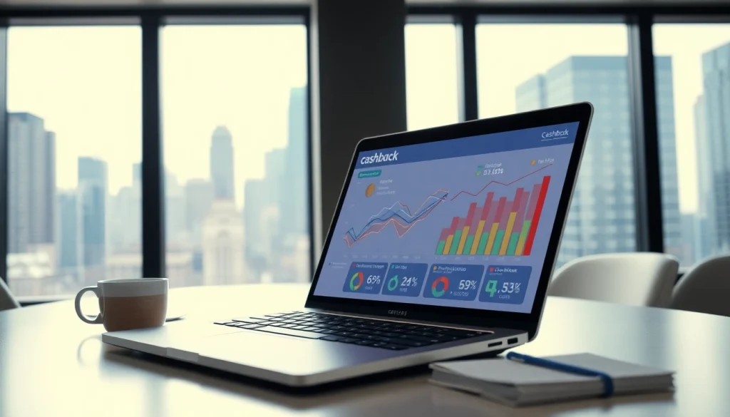 Analyze cashback comparison data on a sleek laptop in a modern office.