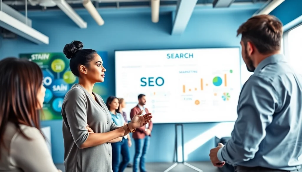Team from a search optimization company collaborating in a bright, modern office environment.