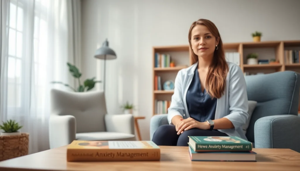 Counselor addressing anxiety in a calming therapy room with cozy furniture and warm lighting.