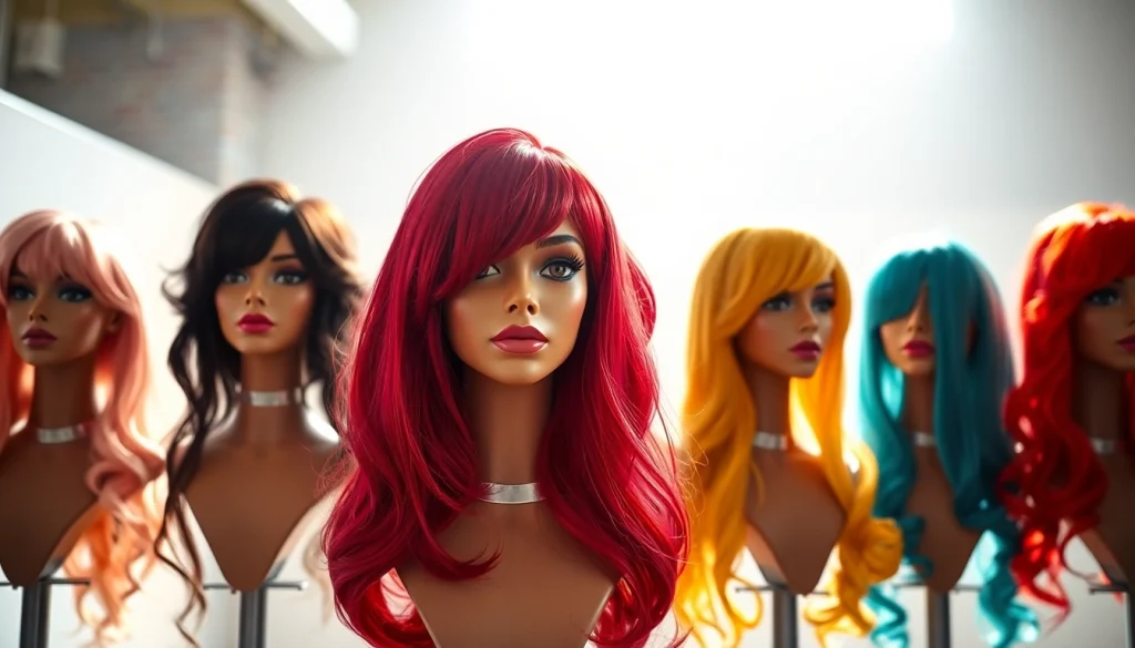 Beautiful array of wigs displayed on mannequins showcasing vibrant styles and colors.