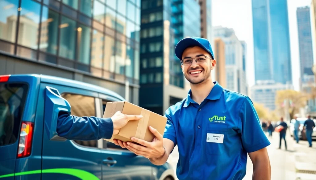 Delivering same day courier services with a friendly courier and satisfied customer in an urban setting.