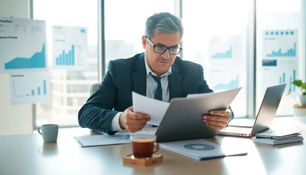 Purchasing consultant examining financial documents in a bright office.