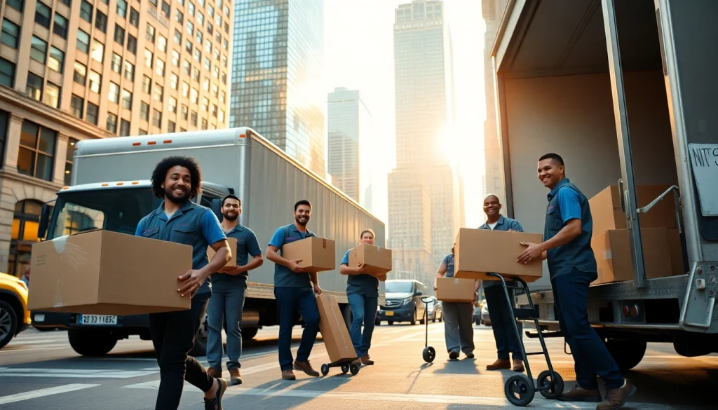 NYC movers efficiently loading a truck in a busy city street with iconic skyline.