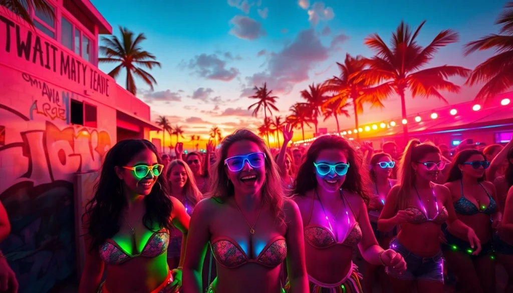 Vibrant scene from a rave store miami showing dancers with neon accessories and festive atmosphere.