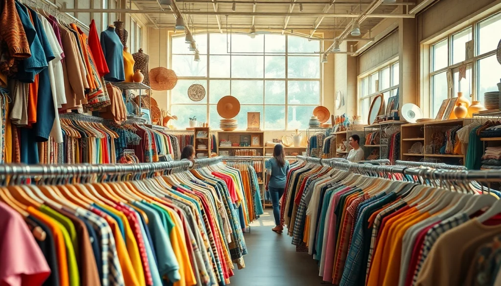 Browse diverse finds at a thrift store with colorful clothing and accessories.
