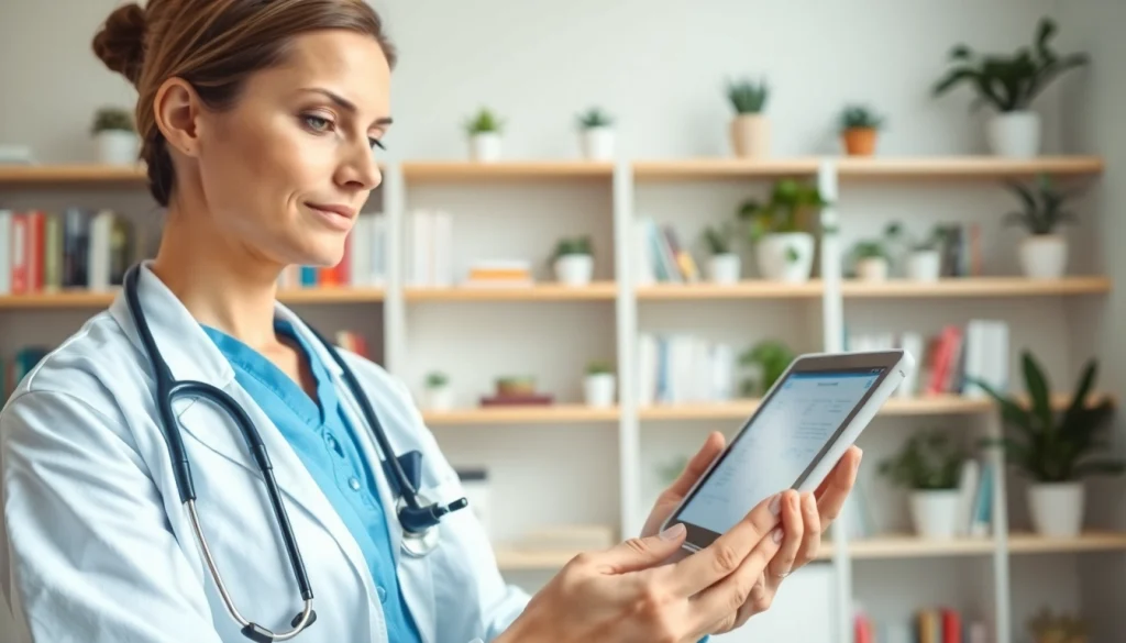 Practitioner utilizing cloud based eprescribing on a tablet in a modern clinic setting.