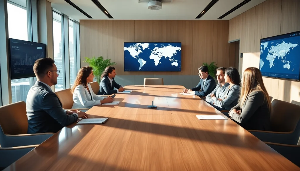 Engaging professionals discussing international business real estate strategies in a modern setting.