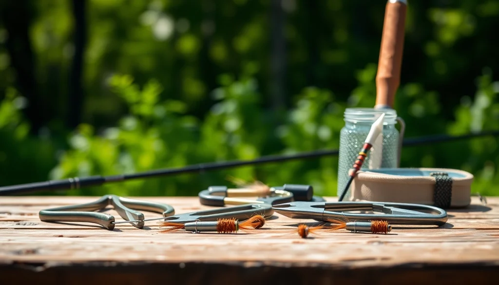 Explore top-quality fly fishing accessories arranged beautifully on a rustic wooden table.