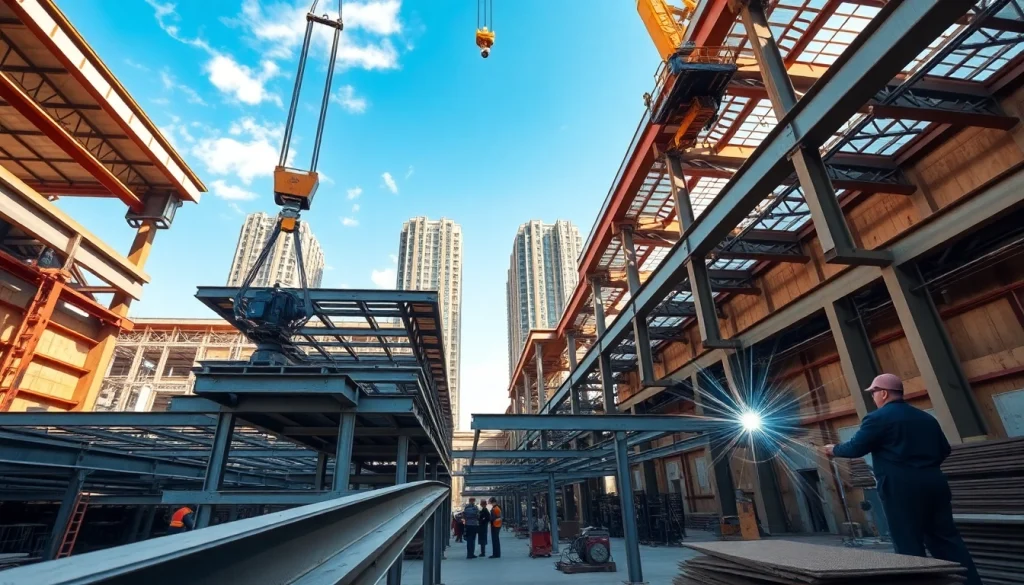 Structural steel fabrication process with skilled workers in a modern workshop environment.