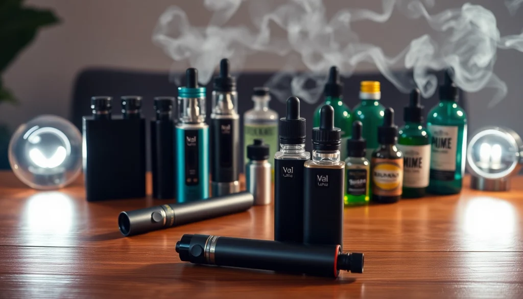 VAPEのデバイスと様々な液体が並べられた設定の写真