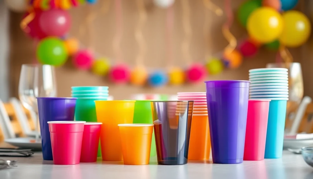 Colorful plastic cups showcased at a festive gathering setting to highlight party essentials.