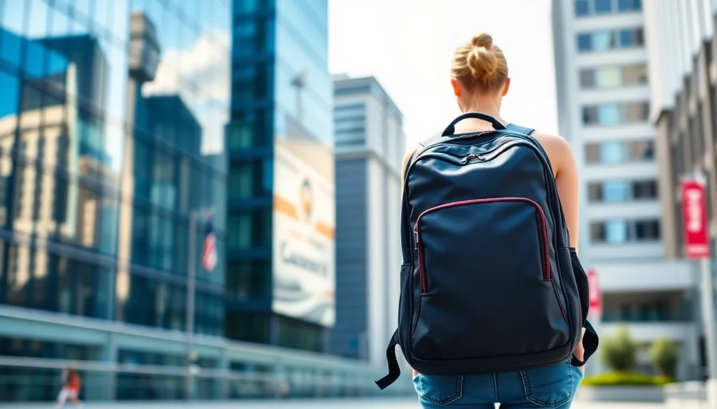 Trage den Wasserdichter Rucksack Laptop Damen stilvoll und funktionell in einem urbanen Setting.