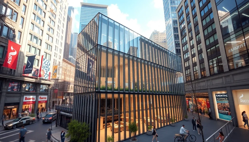Visualisierung Architektur eines modernen Gebäudes in urbanem Umfeld, präsentiert in fotorealistischem Stil.