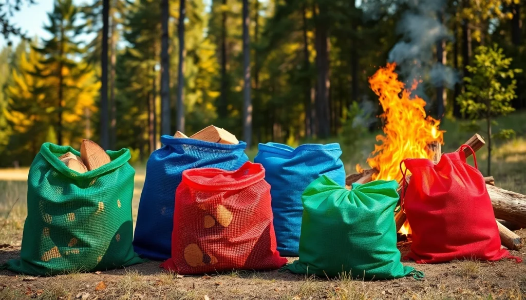 Showcasing firewood mesh bags Europe in vibrant outdoor setting highlighting different sizes.