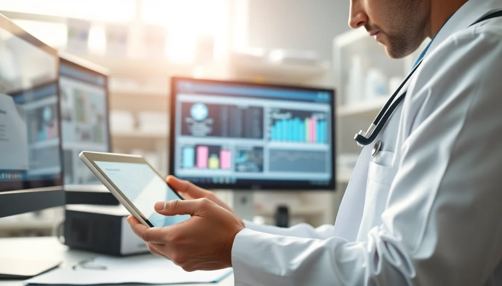Doctor utilizing a cloud based eprescribing system in a professional healthcare environment.