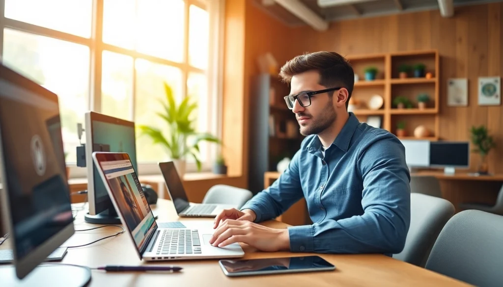 Report on wordpress latest news in a vibrant workspace setting with devices and bright lighting.