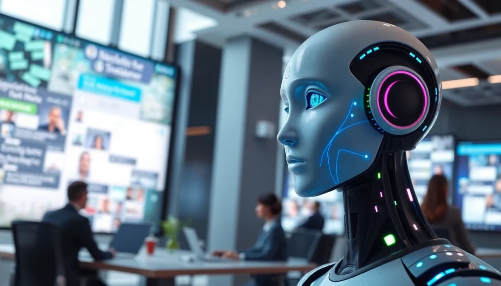 AI character chat no limits showcasing a dynamic digital chat interaction in a futuristic office.