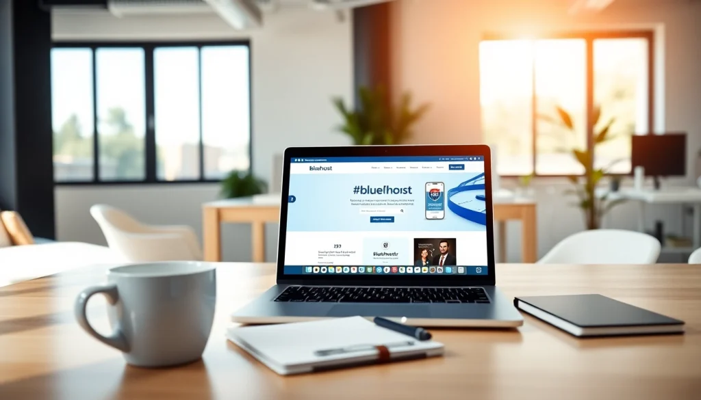 Explore Bluehost's web hosting solutions on a sleek laptop in a productive workspace.