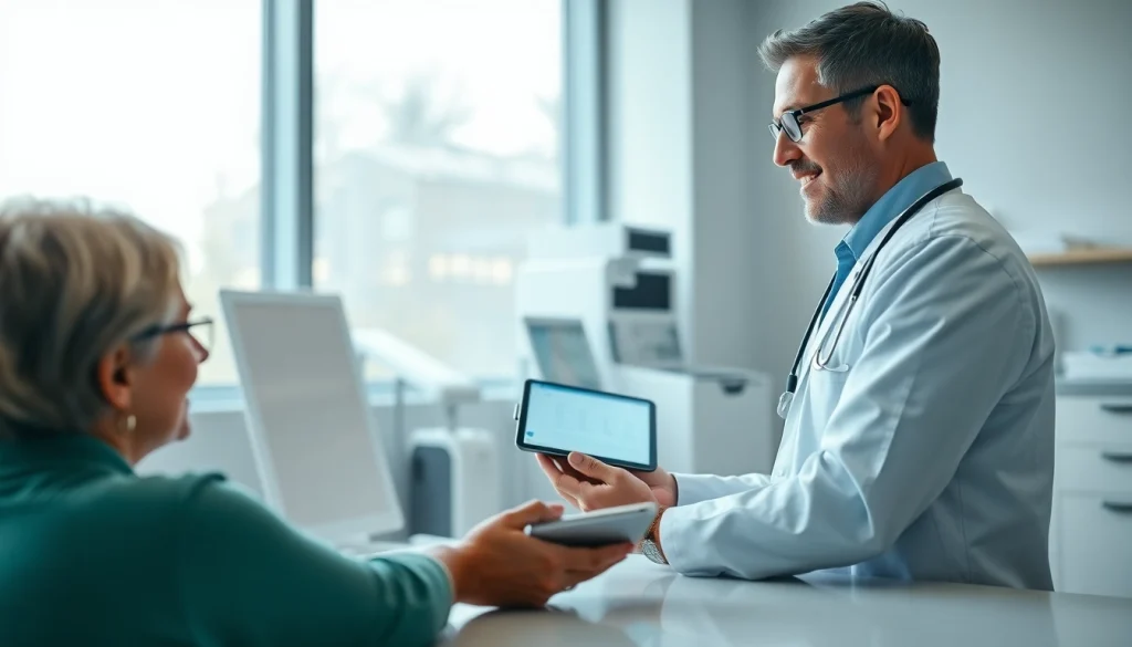 Eprescribing software demonstrated by a doctor to a patient in a modern healthcare setting.
